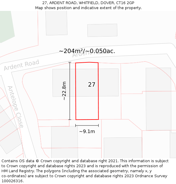 27, ARDENT ROAD, WHITFIELD, DOVER, CT16 2GP: Plot and title map