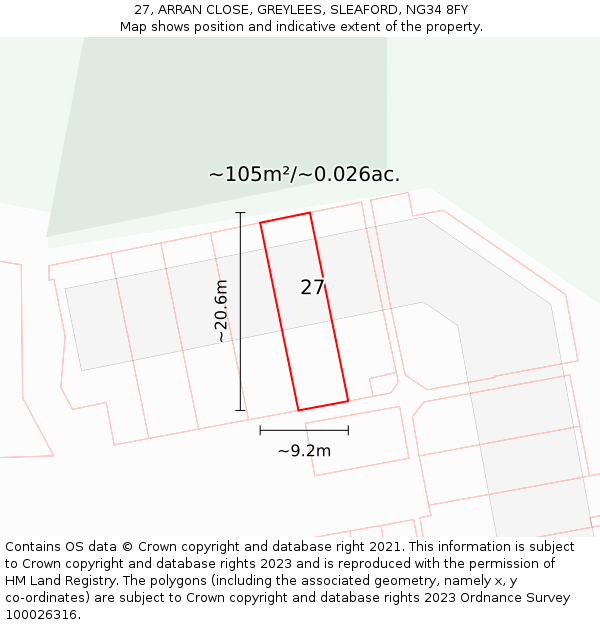 27, ARRAN CLOSE, GREYLEES, SLEAFORD, NG34 8FY: Plot and title map