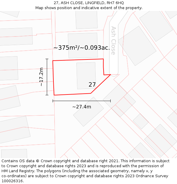 27, ASH CLOSE, LINGFIELD, RH7 6HQ: Plot and title map