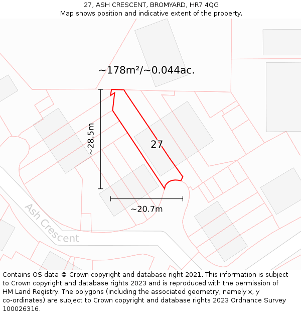 27, ASH CRESCENT, BROMYARD, HR7 4QG: Plot and title map