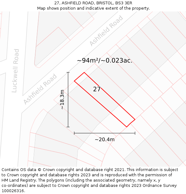 27, ASHFIELD ROAD, BRISTOL, BS3 3ER: Plot and title map