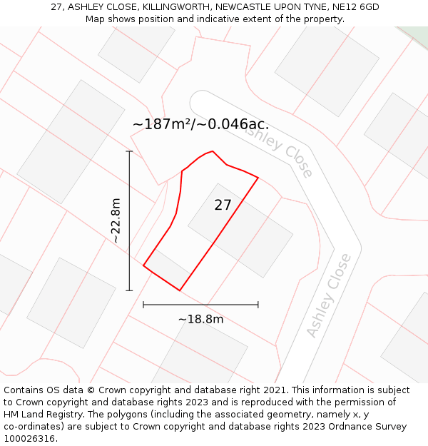27, ASHLEY CLOSE, KILLINGWORTH, NEWCASTLE UPON TYNE, NE12 6GD: Plot and title map