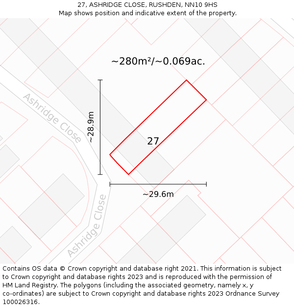 27, ASHRIDGE CLOSE, RUSHDEN, NN10 9HS: Plot and title map