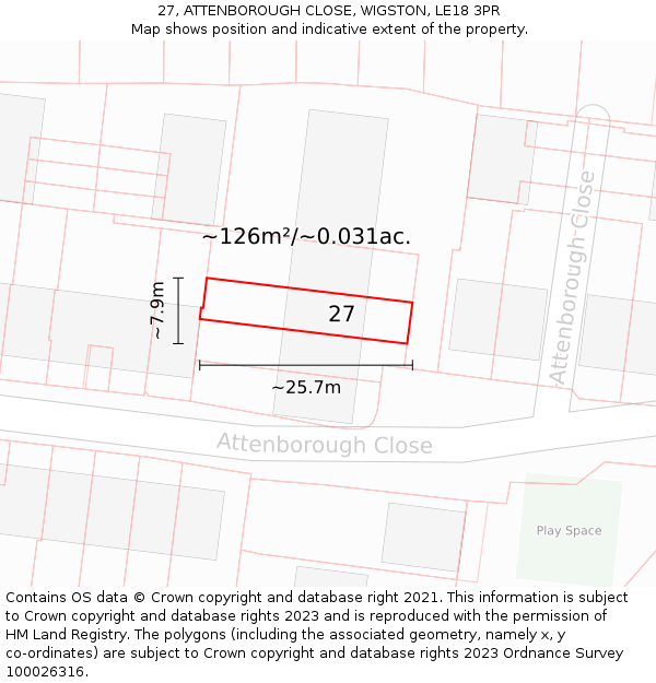 27, ATTENBOROUGH CLOSE, WIGSTON, LE18 3PR: Plot and title map