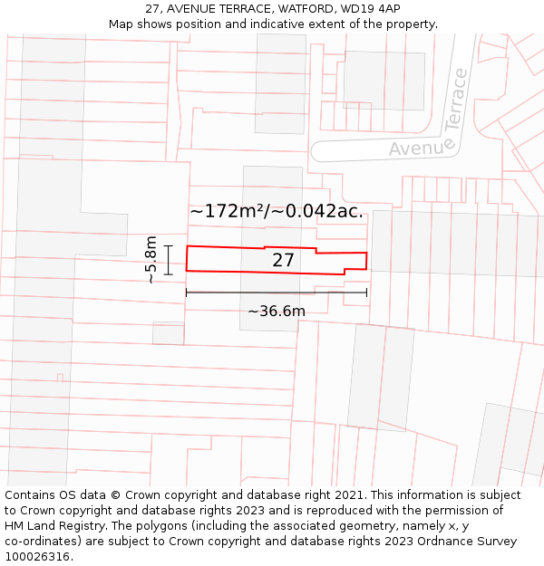 27, AVENUE TERRACE, WATFORD, WD19 4AP: Plot and title map