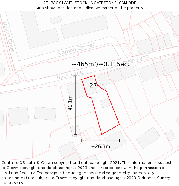 27, BACK LANE, STOCK, INGATESTONE, CM4 9DE: Plot and title map