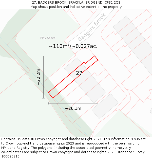 27, BADGERS BROOK, BRACKLA, BRIDGEND, CF31 2QS: Plot and title map