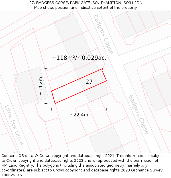 27, BADGERS COPSE, PARK GATE, SOUTHAMPTON, SO31 1DN: Plot and title map