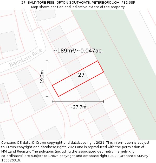27, BALINTORE RISE, ORTON SOUTHGATE, PETERBOROUGH, PE2 6SP: Plot and title map