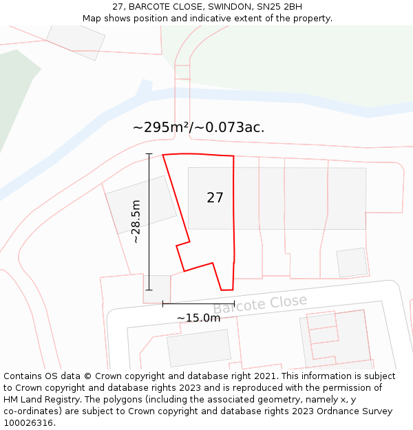 27, BARCOTE CLOSE, SWINDON, SN25 2BH: Plot and title map