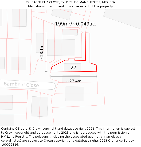 27, BARNFIELD CLOSE, TYLDESLEY, MANCHESTER, M29 8GP: Plot and title map