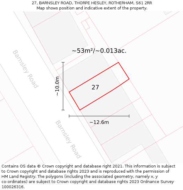 27, BARNSLEY ROAD, THORPE HESLEY, ROTHERHAM, S61 2RR: Plot and title map