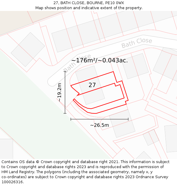 27, BATH CLOSE, BOURNE, PE10 0WX: Plot and title map