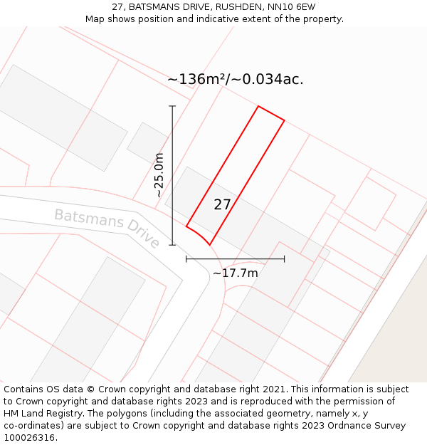 27, BATSMANS DRIVE, RUSHDEN, NN10 6EW: Plot and title map