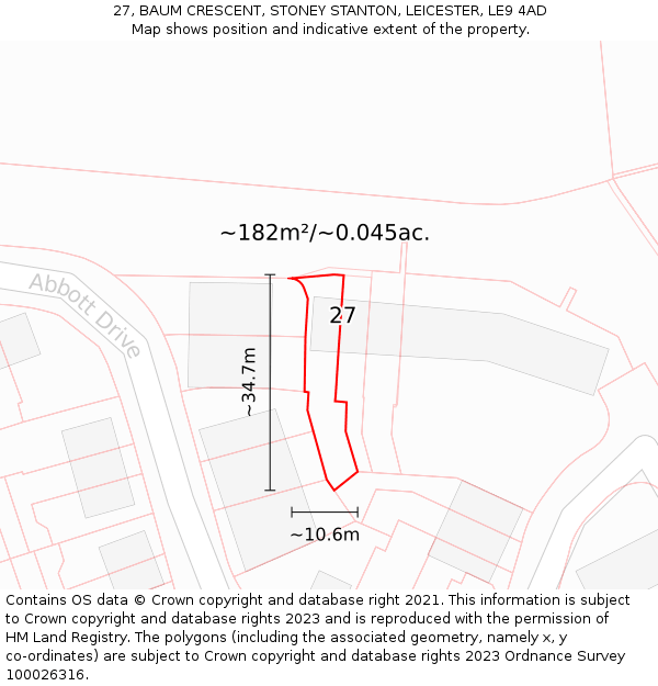 27, BAUM CRESCENT, STONEY STANTON, LEICESTER, LE9 4AD: Plot and title map