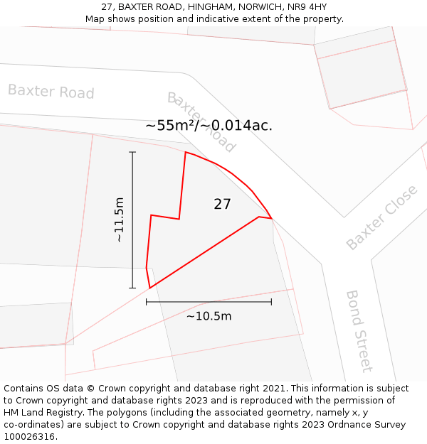 27, BAXTER ROAD, HINGHAM, NORWICH, NR9 4HY: Plot and title map