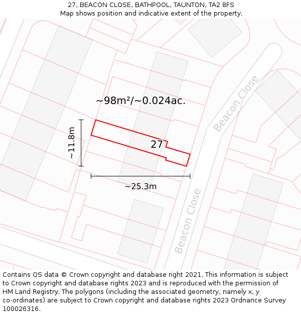 27, BEACON CLOSE, BATHPOOL, TAUNTON, TA2 8FS: Plot and title map
