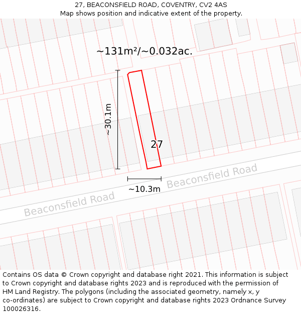27, BEACONSFIELD ROAD, COVENTRY, CV2 4AS: Plot and title map
