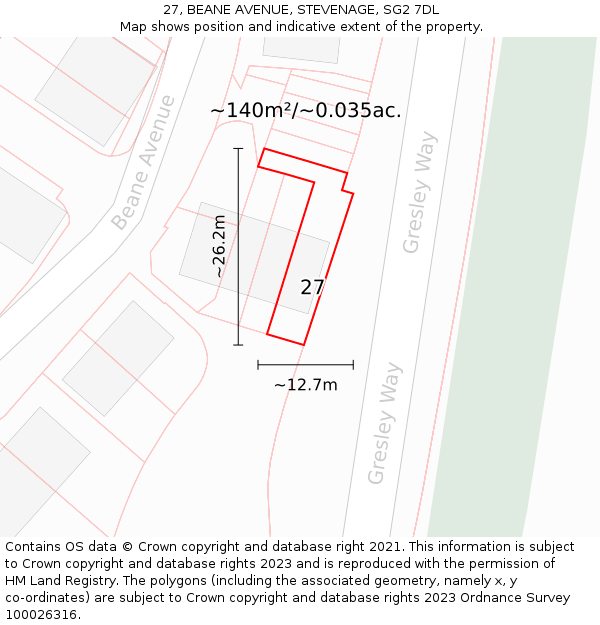 27, BEANE AVENUE, STEVENAGE, SG2 7DL: Plot and title map