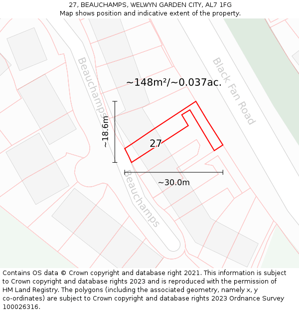 27, BEAUCHAMPS, WELWYN GARDEN CITY, AL7 1FG: Plot and title map