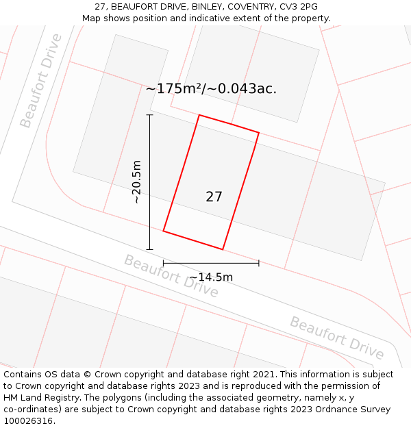 27, BEAUFORT DRIVE, BINLEY, COVENTRY, CV3 2PG: Plot and title map