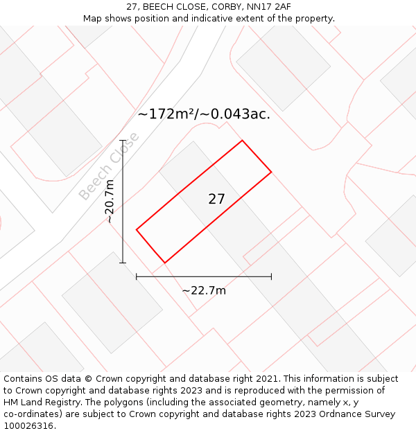 27, BEECH CLOSE, CORBY, NN17 2AF: Plot and title map