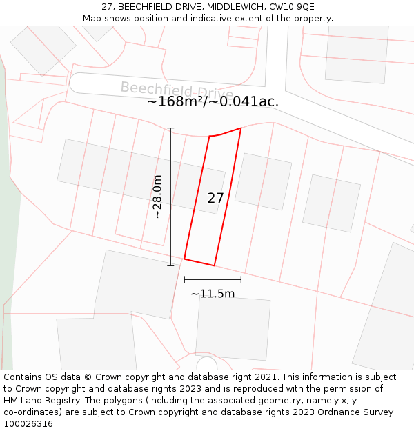 27, BEECHFIELD DRIVE, MIDDLEWICH, CW10 9QE: Plot and title map