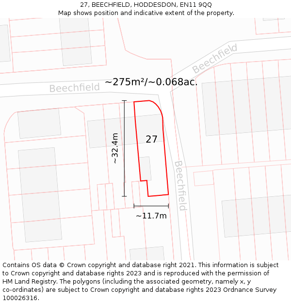 27, BEECHFIELD, HODDESDON, EN11 9QQ: Plot and title map