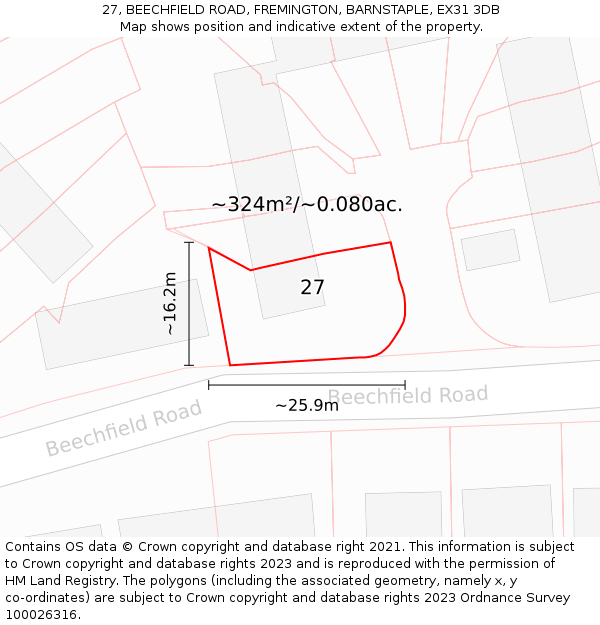27, BEECHFIELD ROAD, FREMINGTON, BARNSTAPLE, EX31 3DB: Plot and title map