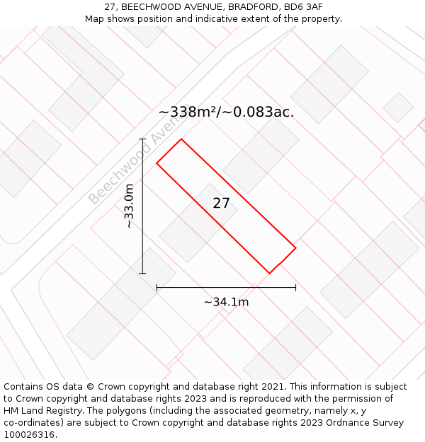 27, BEECHWOOD AVENUE, BRADFORD, BD6 3AF: Plot and title map