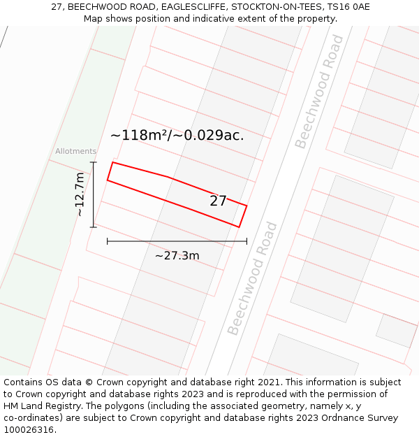 27, BEECHWOOD ROAD, EAGLESCLIFFE, STOCKTON-ON-TEES, TS16 0AE: Plot and title map