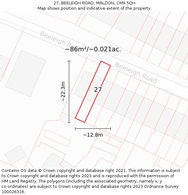 27, BEELEIGH ROAD, MALDON, CM9 5QH: Plot and title map