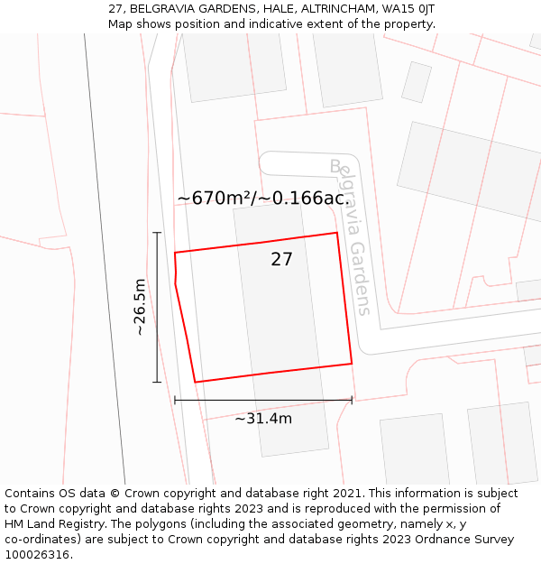 27, BELGRAVIA GARDENS, HALE, ALTRINCHAM, WA15 0JT: Plot and title map