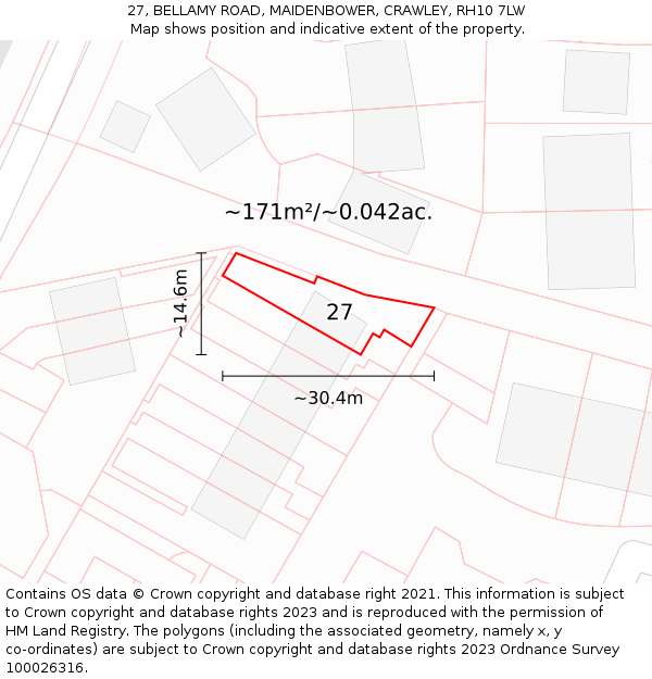 27, BELLAMY ROAD, MAIDENBOWER, CRAWLEY, RH10 7LW: Plot and title map