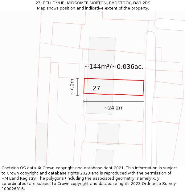 27, BELLE VUE, MIDSOMER NORTON, RADSTOCK, BA3 2BS: Plot and title map