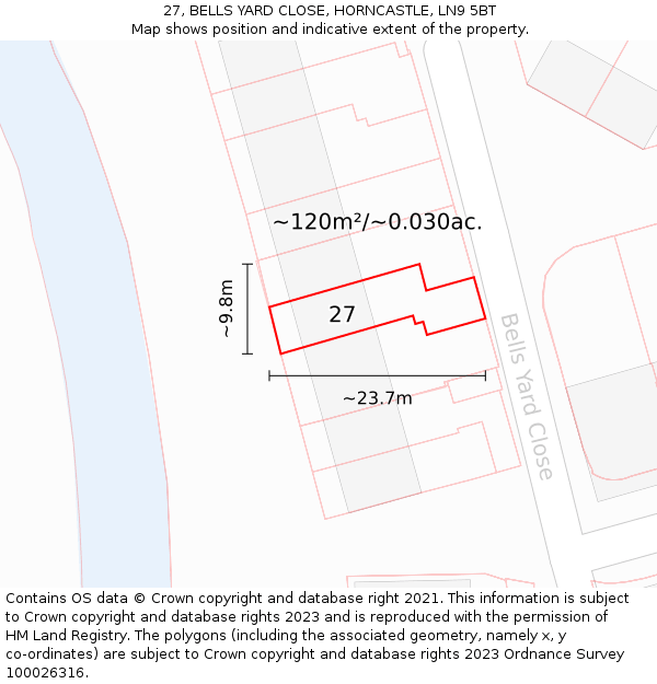 27, BELLS YARD CLOSE, HORNCASTLE, LN9 5BT: Plot and title map