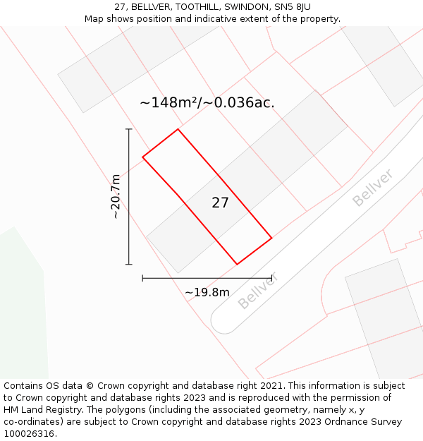 27, BELLVER, TOOTHILL, SWINDON, SN5 8JU: Plot and title map