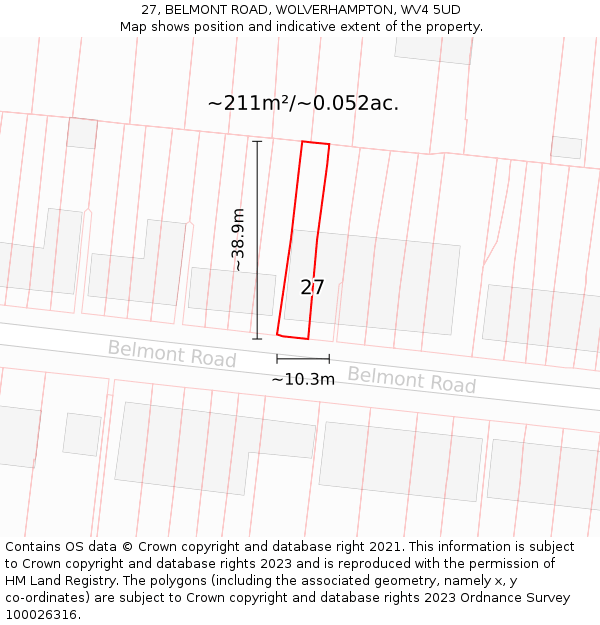 27, BELMONT ROAD, WOLVERHAMPTON, WV4 5UD: Plot and title map