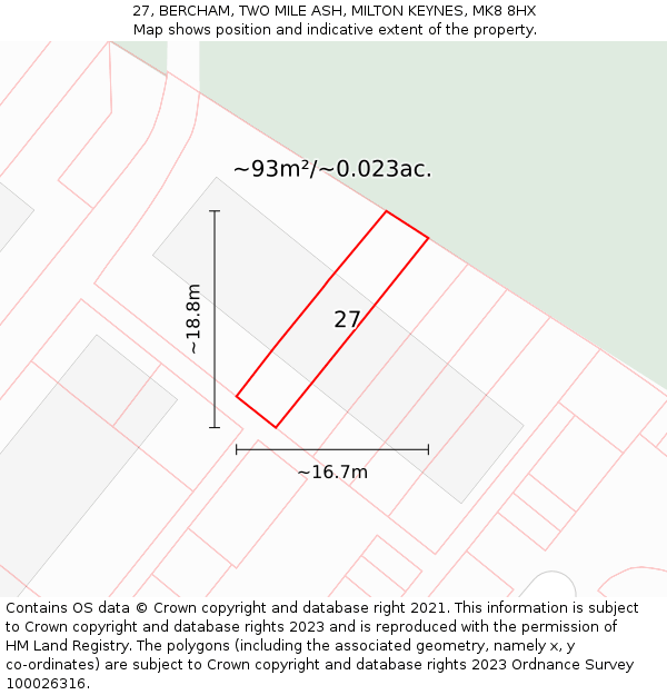 27, BERCHAM, TWO MILE ASH, MILTON KEYNES, MK8 8HX: Plot and title map