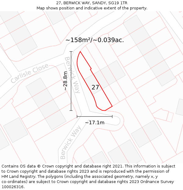 27, BERWICK WAY, SANDY, SG19 1TR: Plot and title map