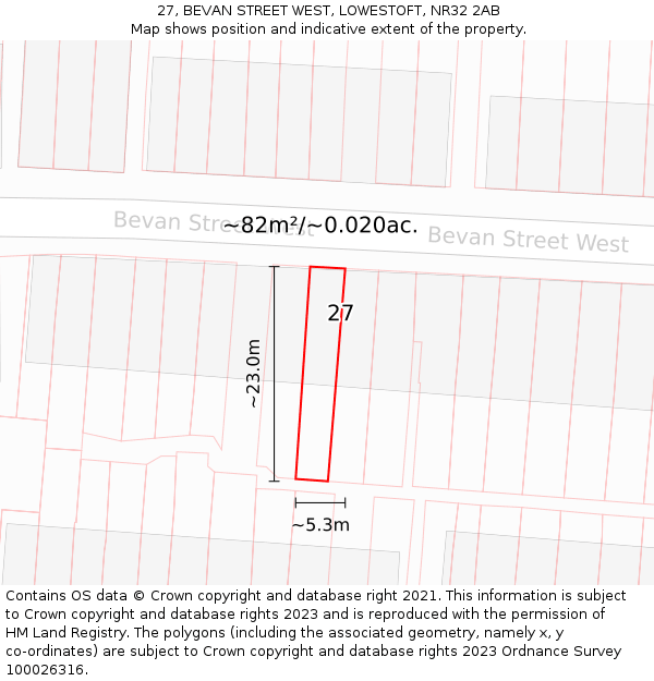 27, BEVAN STREET WEST, LOWESTOFT, NR32 2AB: Plot and title map
