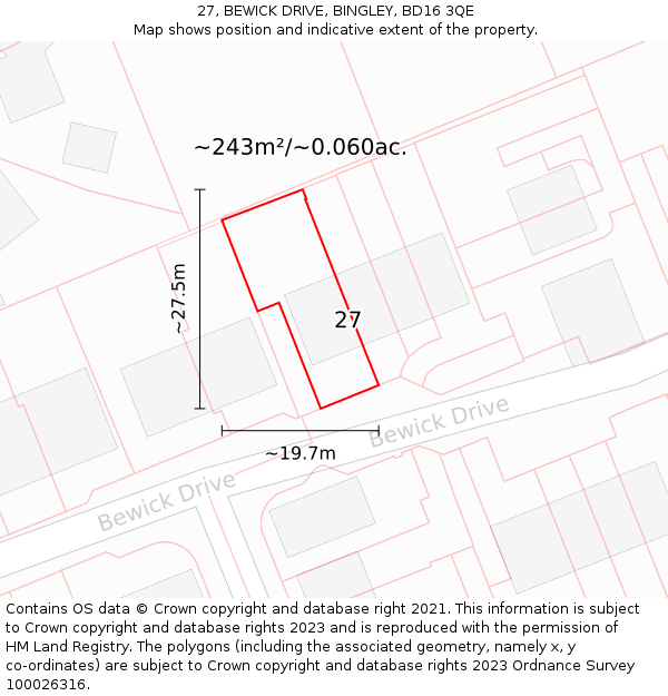 27, BEWICK DRIVE, BINGLEY, BD16 3QE: Plot and title map