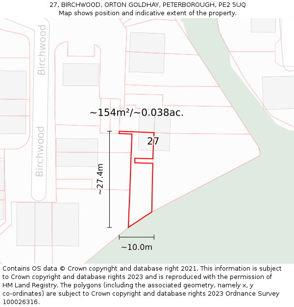 27, BIRCHWOOD, ORTON GOLDHAY, PETERBOROUGH, PE2 5UQ: Plot and title map