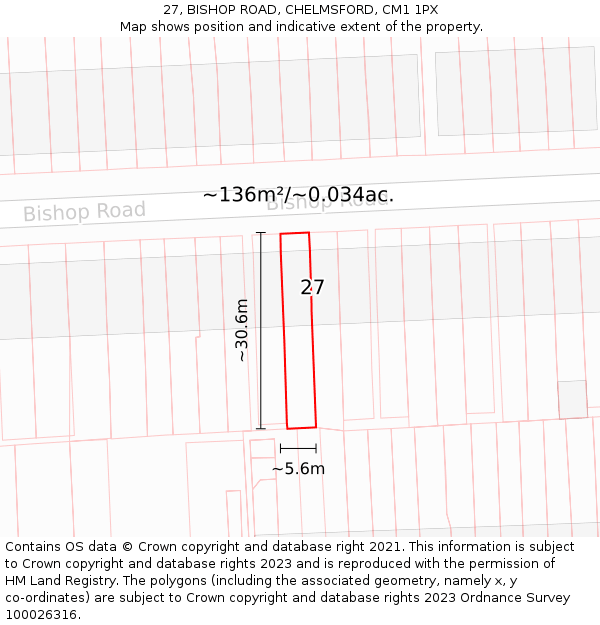 27, BISHOP ROAD, CHELMSFORD, CM1 1PX: Plot and title map
