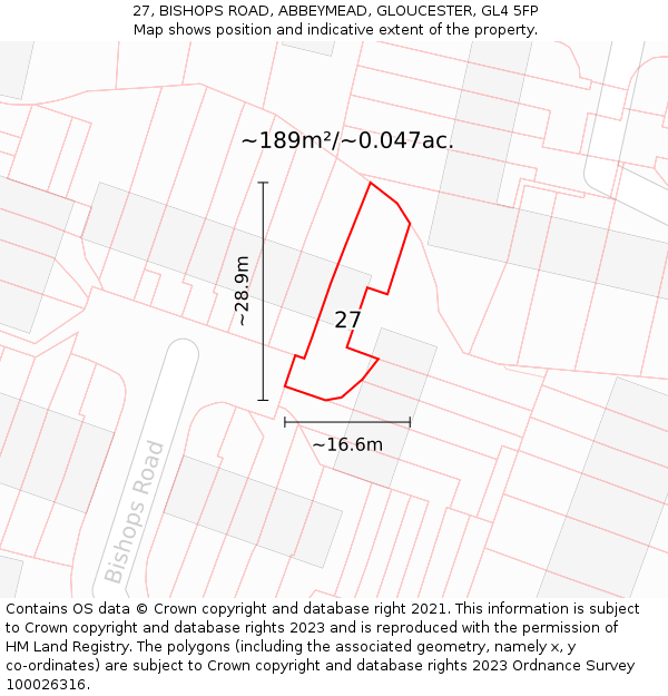 27, BISHOPS ROAD, ABBEYMEAD, GLOUCESTER, GL4 5FP: Plot and title map