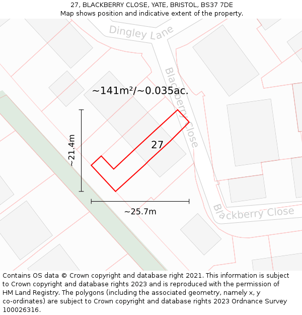 27, BLACKBERRY CLOSE, YATE, BRISTOL, BS37 7DE: Plot and title map