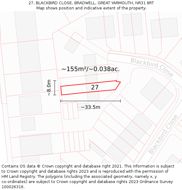 27, BLACKBIRD CLOSE, BRADWELL, GREAT YARMOUTH, NR31 8RT: Plot and title map