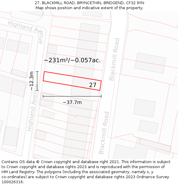 27, BLACKMILL ROAD, BRYNCETHIN, BRIDGEND, CF32 9YN: Plot and title map