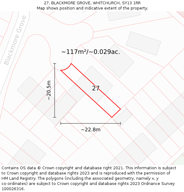 27, BLACKMORE GROVE, WHITCHURCH, SY13 1RR: Plot and title map
