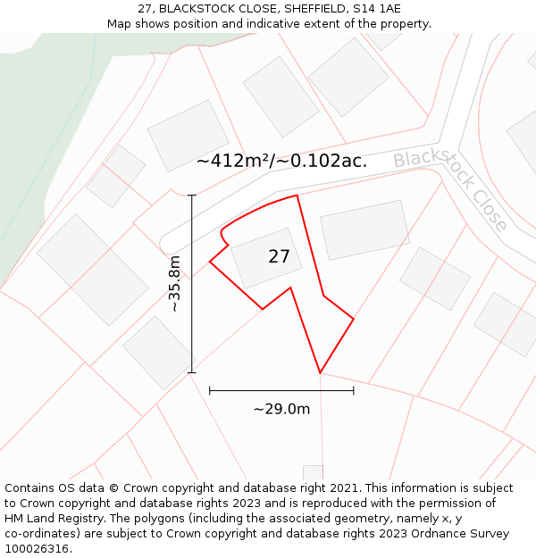 27, BLACKSTOCK CLOSE, SHEFFIELD, S14 1AE: Plot and title map